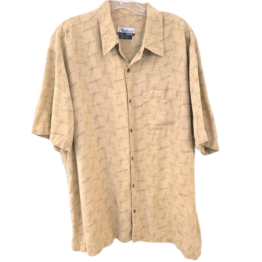 Vintage 1990s‎ Firethorn Mens XL Silk Shirt Tan Geometric Jacquard Button Up